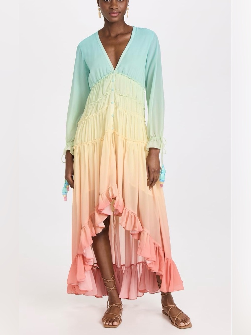 Rococo Sand RainbowOmbre V-Neck Ruffle High-Low Maxi Dress